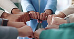 Office, business people and fist bump with hands for solidarity, investment success and group celebration. Closeup, employees and finance team with gesture for motivation, synergy and financial goals