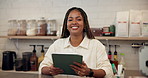 Face, woman and owner in cafe with tablet in startup for small business, online sales and inventory. Portrait, smile and African barista in coffee shop, waiter and confident server with technology