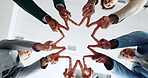 Office, business people and star with hands for solidarity, investment success and group celebration. Low angle, employees and finance team with gesture for motivation, cooperation or financial goals