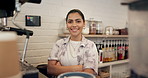 Face, happy woman or confident owner in coffee shop for hospitality, customer service or pride in startup. Portrait, arms crossed or professional barista in cafe, waitress or server in small business