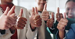 Office, business people and hands with thumbs up for approval, investment success and collaboration. Closeup, employees and finance team with yes emoji for financial agreement, thank you and feedback
