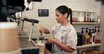 Cafe, making coffee and woman with machine, retail and customer service in small business and latte. Startup, waitress and person with cup for cappuccino, server and employee with order in restaurant