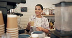 Barista, takeaway coffee and woman in cafe, friendly service and caffeine order. People, client and employee in restaurant, consumer and espresso for morning, herbal tea and mocha brew with machine