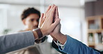 Hands, group and high five in office with team building with support, connection and solidarity at startup. People, synergy and link with motivation, trust and together for job at creative agency