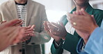 Office, business people and hands with applause for celebration, investment success and collaboration. Closeup, employees and finance team with clapping for financial agreement, support and feedback