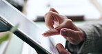 Tablet, screen typing and hands of woman for online business project, website review and social networking. Office, professional and worker on digital tech for research, report and internet search