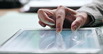 Hands, tablet and screen gesture for woman in office with planning, schedule or company goals on mobile app. Startup, receptionist or secretary with tech ux for text review, research or communication