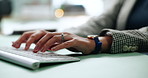 Keyboard, hands and businesswoman typing in office for legal research for contract transaction. Project, technology and closeup of female attorney with computer for law report with email for contact.