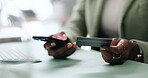 Closeup, hands and payment with smartphone for credit card, online shopping and transaction for banking. Office, person and mobile with debit for typing password, ecommerce and check for information
