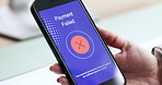 Hand, phone screen and woman with payment failed, scam and notification for transactions. Closeup, mobile user or person with cellphone, card expire or bankruptcy with online banking or limited funds