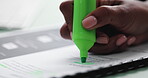 Documents, hands and highlighter with business person closeup in office for proofreading or reporting. Contact, legal and paperwork with professional employee at desk in workplace for review