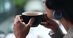 Hands, woman and cup with coffee in office for morning routine, caffeine start and breakfast drink. Person, blowing and warm beverage with herbal tea, healthy liquid or espresso for business break