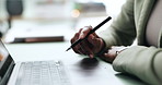Hands, business person and nervous with laptop, thinking and planning with risk management. Closeup, corporate professional and woman in office with keyboard, email and solution decision or choice