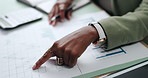 Hands, business and woman with paperwork, graphs for company revenue and sales analytics. Closeup, person or financial advisor in office, documents and writing with notes for charts or profit growth