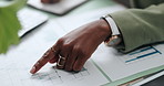 Hands, business and woman with documents, charts for profit growth and company revenue. Closeup, person or financial advisor in office, paperwork and report with notes and infographics for investment