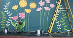 Painting, flower and wall mural in city for Sustainability, earth day project and street art design. Environment canvas, watercolor and eco friendly artwork outdoor for pattern, color and urban