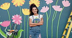 Face, woman and smile with brush for painting of wall mural, community project and artistic freedom. Portrait, person or arms crossed for public art, flower design and local culture of creative hobby