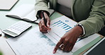 Hands, writing and notebook in office for planning schedule, strategy and agenda with documents on desk. Business woman, graphs and statistics on paper for research, idea and project management