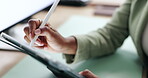 Closeup, hands and person with tablet writing, ux design and notes with developer for software update. Office, business employee and web designer with digital pen for ui testing, information and tech