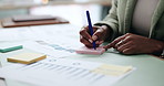 Writing, notepad and hands of woman in office with schedule, reminder and planning for startup company. Paper, agenda and professional female receptionist with calendar for tasks in workplace.