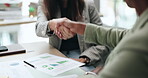 Finance, graphs and handshake with business people in office for agreement or partnership. Finance, information and shaking hands with employee team in workplace for meeting or welcome closeup