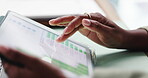 Hands, tablet and screen with graphs, statistics and review for company sales or data analysis in office. Tech, ux and person for report of profit, finance and revenue with ui and business analytics