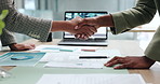 Computer screen, contract and handshake with business people in office for agreement or deal. B2B, partnership and signature with employee team shaking hands for hiring, onboarding or recruitment