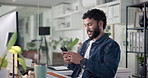 Office, typing and business man with phone for social media, networking and online contact. Creative worker, relax and happy person on smartphone for internet, communication and website at work