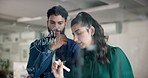 Business people, writing and mindmap with glass board for planning, brainstorming or profit margins. Businessman, woman or colleagues taking notes with graph, chart or schedule for ideas at workplace