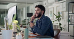 Phone call, discussion and man in office for review on creative project with client at night. Cellphone, business and male magazine editor on mobile conversation for positive feedback in workplace.