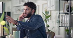 Phone call, discussion and man in office for planning creative project to client at night. Cellphone, business and male magazine editor on mobile conversation for deadline management in workplace.