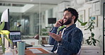Phone call, conversation and man in office for explaining creative project to client at night. Cellphone, business and male magazine editor on mobile discussion for deadline management in workplace.