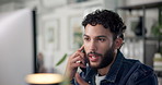Phone call, talking and man in office for explaining creative project to client at night. Cellphone, business and male magazine editor on mobile conversation for deadline management in workplace.