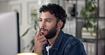 Business, thinking and man in office, computer and decision with email for copywriting project. Person, journalist and employee in workplace, pc and online reading with feedback for article or review