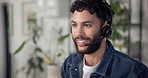 Happy, businessman and consultant talking with headset for online advice or consultation at call center. Man, employee or agent with smile on computer for customer service or tech support at office