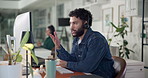 Businessman, consultant and talking with headset for online advice or consultation at call center. Man, employee or agent with explanation on computer for customer service or tech support at office
