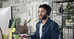 Businessman, consultant and computer with headset at call center for online communication or advice. Man, employee or agent with smile or technology for customer service, help or network assistance
