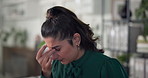 Frustrated woman, headache and headset with pain for overworked, pressure or strain at call center. Tired, female person or consultant with migraine for stress, deadline or fatigue at workplace