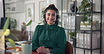 Happy woman, face and call center with headset for online communication or customer service at office. Portrait, female person or consultant agent with smile or computer for virtual advice or help