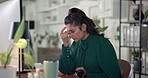 Frustrated woman, headache and headset with vertigo for overworked, pressure or strain at call center. Tired, female person or consultant with migraine for stress, deadline or fatigue at workplace