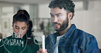 Business people, discussion and thinking with glass board for planning, mindmap or profit margins. Businessman, woman or colleagues taking notes with graph, chart or brainstorming ideas at workplace