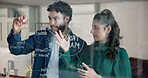 Business people, writing or ideas with glass board for planning, mindmap or profit margins. Businessman, woman or colleagues taking notes with graph, chart or brainstorming together at workplace