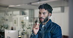 Glass, writing and man with ideas, office and planning for project in business, creative and serious. Thinking, graphic designer and person with notes for brand identity, employee and review of info