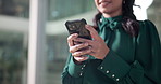 App, hands and phone with business woman closeup in office for alert, communication or notification. Contact, text message or update with professional employee typing on mobile for internet search