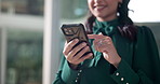 Contact, hands and phone with business woman closeup in office for alert, communication or notification. App, text message or update with professional employee typing on mobile for internet search