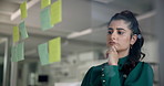 Business woman, thinking or sticky note with glass board for mindmap, planning or brainstorming at office. Female person, employee or thoughtful planner with schedule or idea for project at workplace