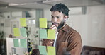Businessman, thinking or planning with sticky note for brainstorming on glass board at office. Male person, employee or thoughtful planner in wonder with smile for layout, schedule or project ideas