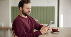 Man, smile or phone in cafe for message, social media or typing in texting app. Happy customer, coffee or mobile in restaurant for connectivity, communication or pleased with service in online review