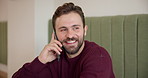 Happy man, conversation or phone call with discussion at cafe for talk, friendly chat or proposal. Male person, freelancer or communication with smile on mobile smartphone for business at coffee shop