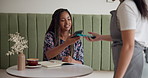 Happy woman, customer and tap with pos machine at cafe for purchase, drink or wireless transaction. Female person, waitress and smile with phone for remote payment, NFC or fintech at coffee shop